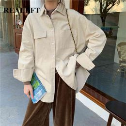 Spring Ladies Corduroy Shirt Vintage Long Sleeve Turn Down Collar Casual Loose Women's Tops Female 210428