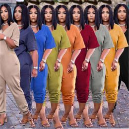 Womens Solid Color Rompers Fashion Trend Short Sleeve V-neck Tops High Waist Half-length Pants Designer Female Summer Loose Casual Jumpsuits