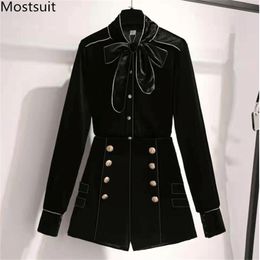 Spring Black Velvet Fashion 2 Piece Shorts Set Bow Shirt + Gold Buttons Suits Vintage Office Korean 2 Pcs Set 211106