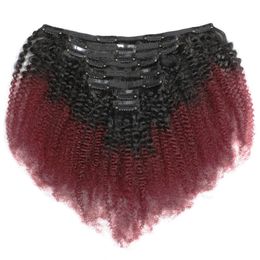 Clip In Peruvian Human Hair Afro Kinky Curly Clips ins Extensions for Women 8 Pcs 120g/Set Ombre Colour T1B 99J