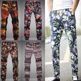 Men Flower Print Cotton Linen Harem Trousers Vintage Fashion Long Pant Joggers Sweatpants Plus Size Men's Pants