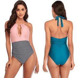 Sexy Set 2XL Women One-piece Deep V Solid Color Patchwork Swimsuit Lady Bikini Female Biquini Girl Summer Beach Swimming Suit Three-point ZL0481