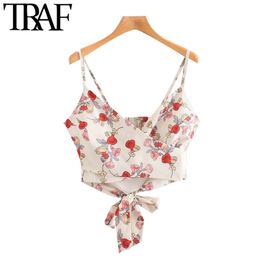 Women Sexy Fashion Floral Print Cropped Tank Top Vintage Backless Elastic Bow Tied Thin Straps Female Camis Mujer 210507