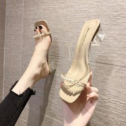 Transparent Slippers String Bead Shoes Slipers Women Slides Fashion Jelly Flip Flops Heeled Mules Square Heel 2021 Soft Luxury G