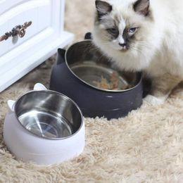 Cat Bowls & Feeders Bowl 800ml Stainless Steel 15° Pet Antiskid Dog Rubber Pad Water Feeding Ears Shape Supplies