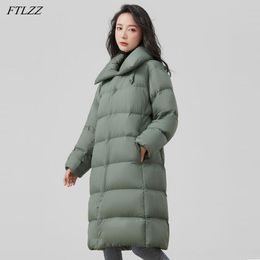 Winter 90% White Duck Down Jacket Elegant Women Stand Collar Long Bread Coat Casual Loose Thick Warm Snow Outwear 210423