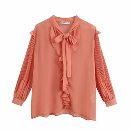 Women Sexy See Through Ruffles Chiffon Blouses Vintage Fashion Bow Tie Collar Long Sleeve Shirts Elegant Ladies Chic Tops 210520