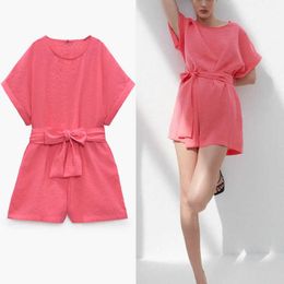 ZA Summer Women Belted Short Jumpsuit Short Sleeve Vintage Pink Playsuit Fashion Back Opening Woman Pleated Jumpsuits 210602