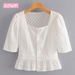 Square Collar Hollow Harajuku Sweet Single-breasted Simple Female Shirt Sexy French Retro Embroidery Chic Women's Tops 210507