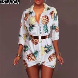 shirts dress women long sleeve Turn-down Collar fashion party casual print button decorated mini loose 210515