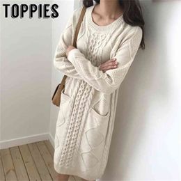 Vintage Pullover Sweater Dress Winter Twist knitted with Pockets Long Sleeve Jumpers 210421