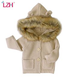 LZH 2021 Autumn Infant Fur Hooded Knitting Jacket For Baby Clothes Newborn Baby Girls Jacket Winter Kids Outerwear Coat 0-2 Year H0909