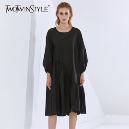 Black Loose Dress For Women O Neck Long Sleeve Solid Casual Midi Dresses Female Fashion Clothing Autumn 210520
