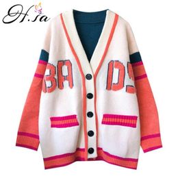 H.SA Spring Long Women Casual Sweater Cardigans V neck Letters Button up Oversized Knit Jackets Patchwork Cardigan Knitwear 210417