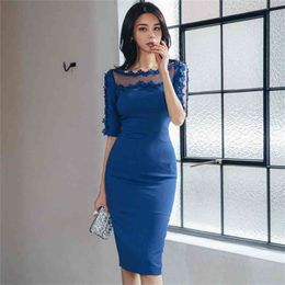 Blue Bodycon Dress Women Elegant Perspective Mesh Lace Patchwork o-neck Half Sleeve Slim Casual Ladies Work Party 210603