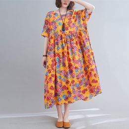Oversized Women Cotton Linen Long Dress New Arrival Summer Vintage Style Floral Print Loose Female Casual Dresses S3551 210412