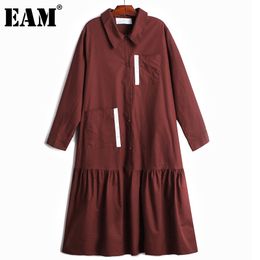 [EAM] Women Contrast Colour Ribbon Pockets Pleated Shirt Dress Lapel Long Sleeve Loose Fit Fashion Spring Summer 1DD8215 21512