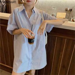 Korean Loose Long Shirt Women Short Sleeve Single Breasted Straight Tops Solid Fashion High Street Female Blusas Mujer 210513