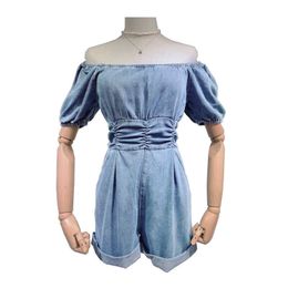 PERHAPS U Solid Light Blue Pocket Slash Neck Denim Off The Shoulder Rompers Short Summer J0130 210529