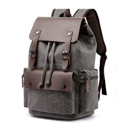 Fashion Canvas Backpacks Bag Men Women Large Capacity Drawstring Leather Cover Travel Rucksack College Student Bookbag