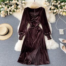 Neploe Pleated Slim Waist Split Dress Autumn Winter New Elegant V-neck Femme Vestidos French Style Vintage Velvet Dresses Women 210423