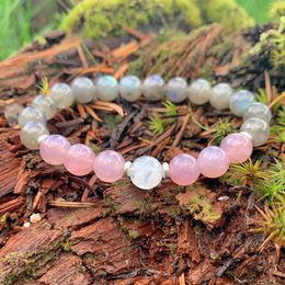 MG1001 Top Grade Genuine Blue Flash Labradorite Bracelet Dusty Madagascar Rose Quartz Rainbow Moonstone Mala Bracelet