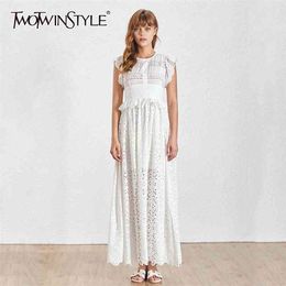 Vintage Lace Patchwork Long Dress Women Hig Waist Sleeveless Hollow Out Madi Dresses Female Spring Fashion 210520