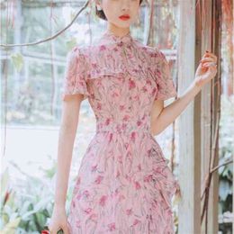 Базовые повседневные платья Летнее шифоновое платье макси с цветочным принтом Женское розовое Элегантное улучшенное платье Cheongsam Женское винтажное платье до середины икры 210603