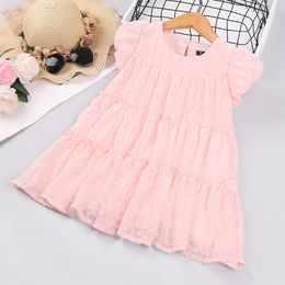 Girls Swiss Dot Layered Ruffle Princess Dress 2021 Summer Child Kids O Neck Puff Sleeve Back Button Pink Cute Dress for Girls Q0716