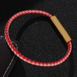 Charm Bracelets Simple Bracelet Red Pink Braided Women Leather Gold Colour Stainless Steel Magnetic Clasp Bangles Jewelry Gifts BB0607
