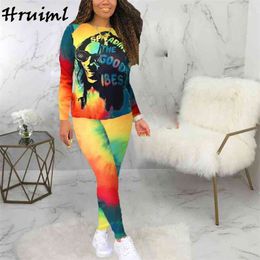 Two Piece Set Women Tie Dye Letter Printing Elastic Waist Loungewear Casual Home Fashion Outfits for 210513