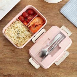 Lunch Box Wheat Straw Bento with Tableware Healthy BPA Free Portable Food Container Kids Picnic School Microwavable 210423