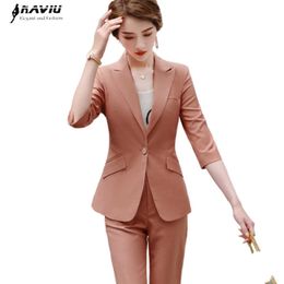 Casual Trousers Suit Women Summer Fashion Half Sleeve Slim Blazer and Pants Office Ladies Professional Work Wear 210604