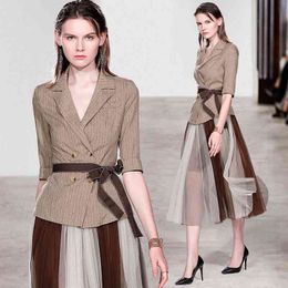Autumn Spring Women Striped Mesh Pleated Suit Office Lady Wear Formal Belt Blazer Jacket Long Skirt 2 Piece Set 210416