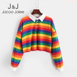 Women Polo Shirt Women Sweatshirt Long Sleeve Rainbow Colour Ladies Hoodies With Button Striped Korean Harajuku Sweatshirt 210518