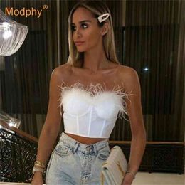 New Summer High Quality Fashion Feather Strapless Black And White Bandage Top Night Club Short Top 210407
