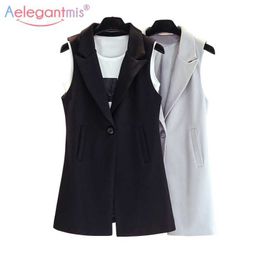 Aelegantmis Classic Long Vest Women Elegant Suit Spring Autumn Sleeveless Jackets Outerwear Office Lady Slim Waistcoat 210607