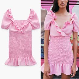 Za Summer Linen Ruffle Mini Pink Dress Women Short Puff Sleeve V Neck Smocking Elastic Party Dresses Woman Chic Beach Dress 210602