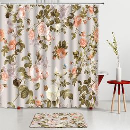 Shower Curtains Flower Plant Bathroom Sets Retro Print Bath Mats Entrance Door Mat Kitchen Room Decoration Rugs Non-Slip Carpet