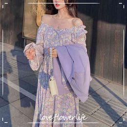 Purple Floral Midi Dress Women Summer French Vintage Dress Korean Flower Elegant Strap Dress Female Summer 210521