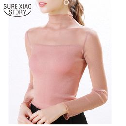 Fashion Womens Tops and Blouses Long Sleeve Turtleneck Unique Mesh Shirt Blusas Mujer De Moda Joker Chemisier Femme 5905 50 210417