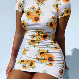 Women Dress Elegant Short Sleeve Drawstring Cotton Ruched Sexy Ladies Party Tie Dye Skinny Female Summer Clothing 210522