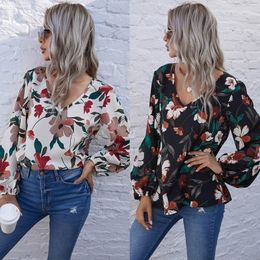 Autumn Chiffon Vintage women print tops and blouse V-neck lantern sleeve flower shirt blouse for womens tops clothes Lady 210514