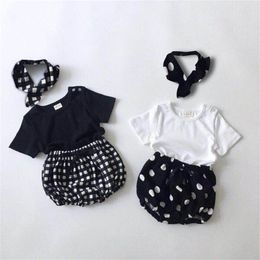 Girls Clothing Sets Summer Baby Dot Plaid Short Sleeve Blouse Top + PP Shorts Hair Belt Three Piece Set For 210521