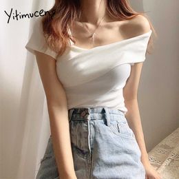 Yitimuceng Irregular T Shirts Woman Bare Shoulder Skinny Slash Neck Tees White Black Orange Tops Summer Fashion Tshirts 210601