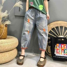Spring Summer Arts Style Women Vintage Patchwork Embroidery Ripped Jeans All-matched Casual Loose Denim Harem Pants S978 210512