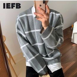 IEFB /men's wear plaid sweater autumn witner Korean style loose pullover knitted tops all-mtch cintage 9Y3248 211014