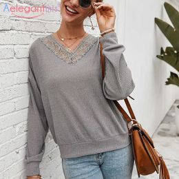 Aelegantmis Fashion Lace Women Knitted Pullover Sweater Casual V-Neck Long Sleeve Tops Female Spring Autumn Oversize Jumper 210607