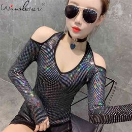 Shiny T shirt Halter Off-shoulder Sequined Long Sleeve Backless Sexy Tops For Women Female Slim Stretchy T02814B 210421