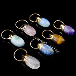 Natural Crystal Quartz Gold Plated Hoop Fashion Stone Drop Pendant Polished Oval Flatback Semi Precious Gemstone Healing Chakra Reiki Charms for Jewellery Making